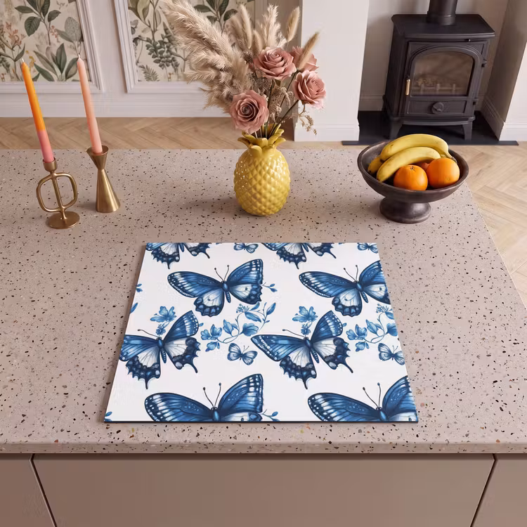 Herdabdeckplatte - Blau - Schmetterlinge - Blumen - Weiß — 3