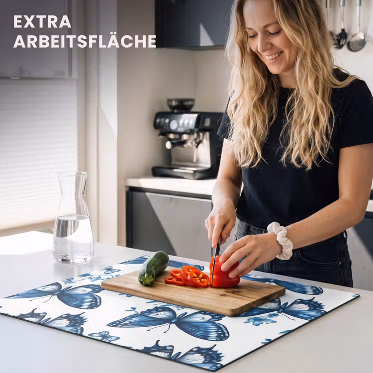 Herdabdeckplatte - Blau - Schmetterlinge - Blumen - Weiß — 5