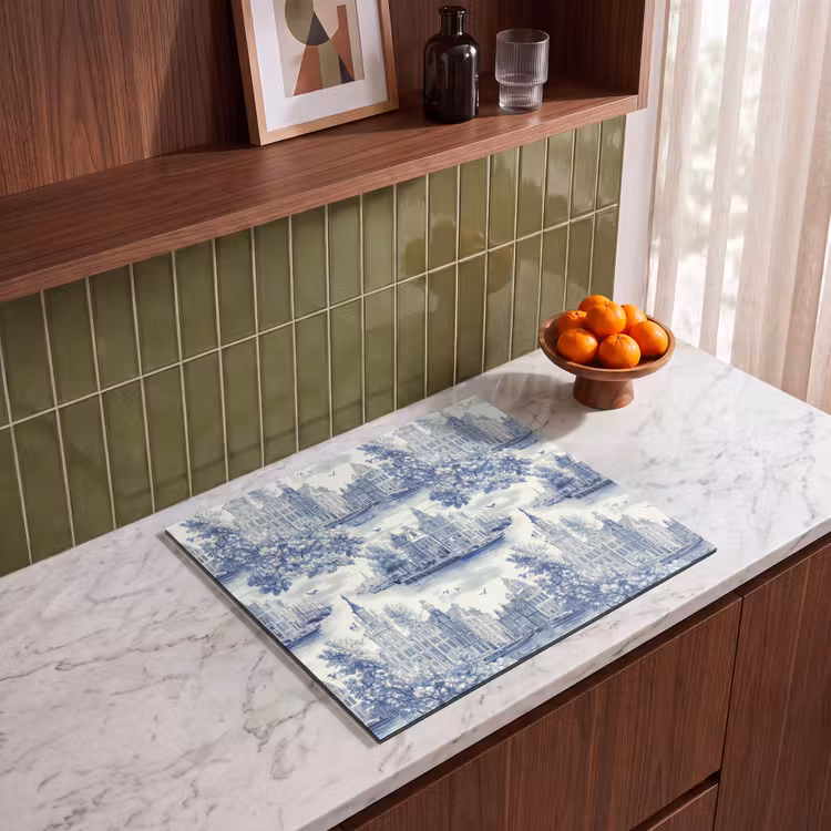 Herdabdeckplatte - Häuser - Bäume - Wasser - Vögel - Blau — 4