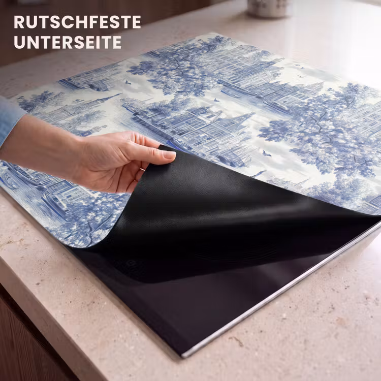 Herdabdeckplatte - Häuser - Bäume - Wasser - Vögel - Blau — 6
