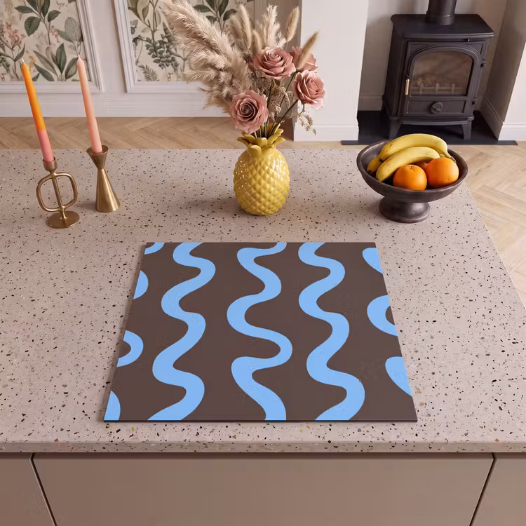 Herdabdeckplatte - Sich windende Linien - Blau - Braun - Minimalistisch — 3