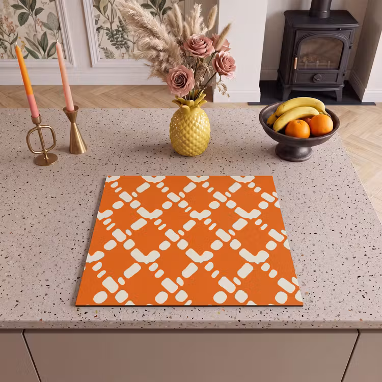 Herdabdeckplatte - Orange - Karomuster - Weiß — 3
