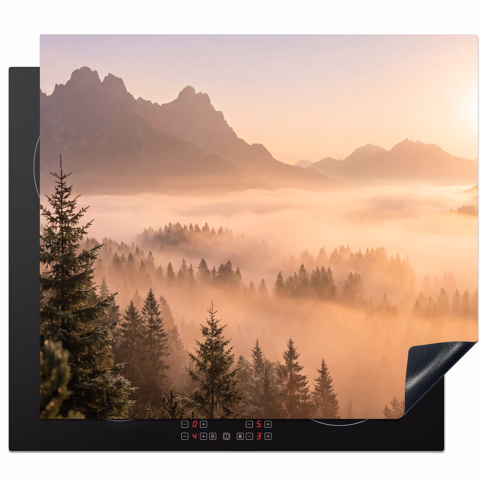 Herdabdeckplatte - Sonnenlicht - Nebel - Berge - Bäume — 1