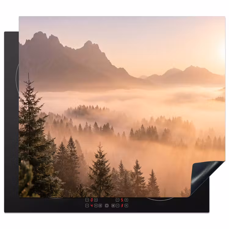 Herdabdeckplatte - Sonnenlicht - Nebel - Berge - Bäume — 1