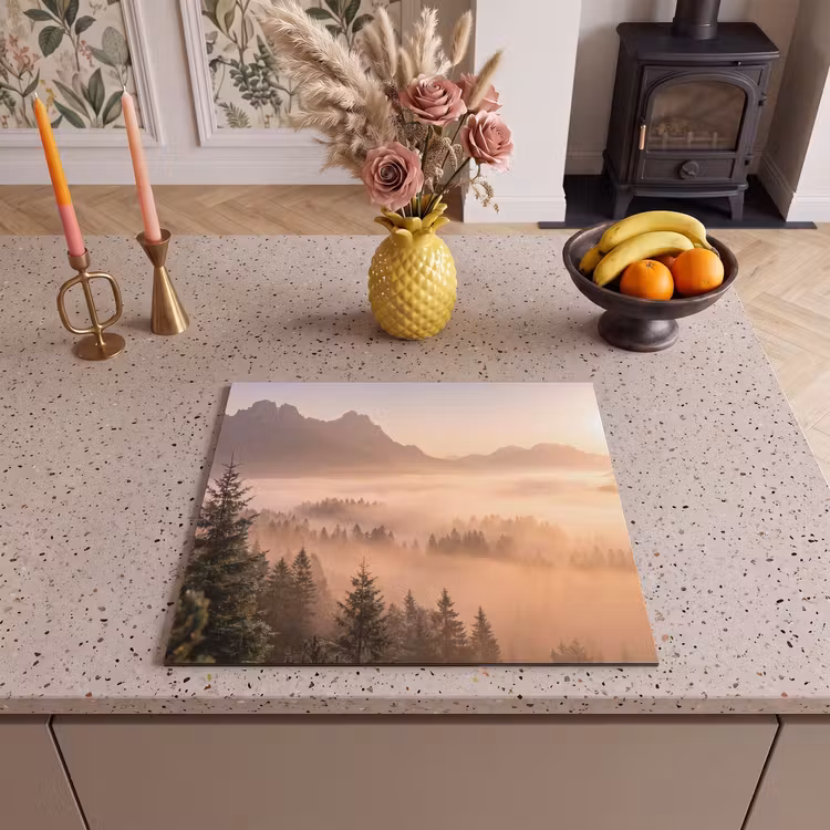 Herdabdeckplatte - Sonnenlicht - Nebel - Berge - Bäume — 3