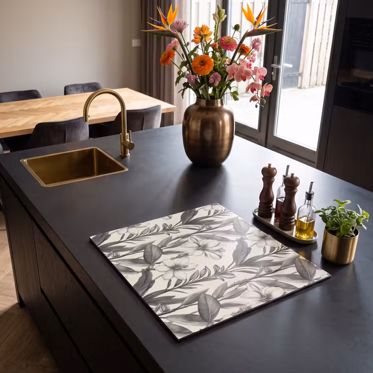 Herdabdeckplatte - Klassisch - Botanisch - Schwarz - Beige — 2
