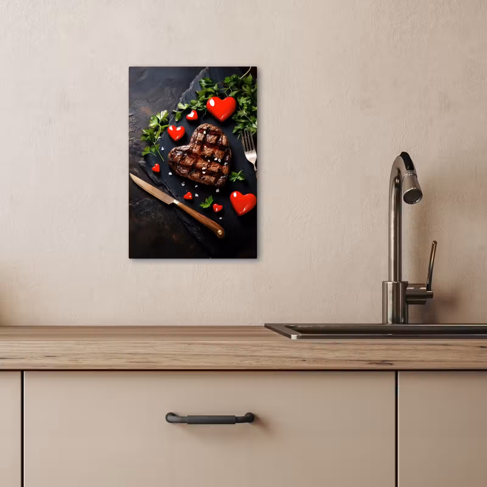 KitchenYeah - Küche - Leinwand - Steak - Herz - Besteck — 1