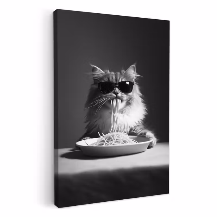 Leinwandbilder - Langhaarkatze - Sonnenbrille - Spaghetti - Humor - Schwarz - Weiß — 3