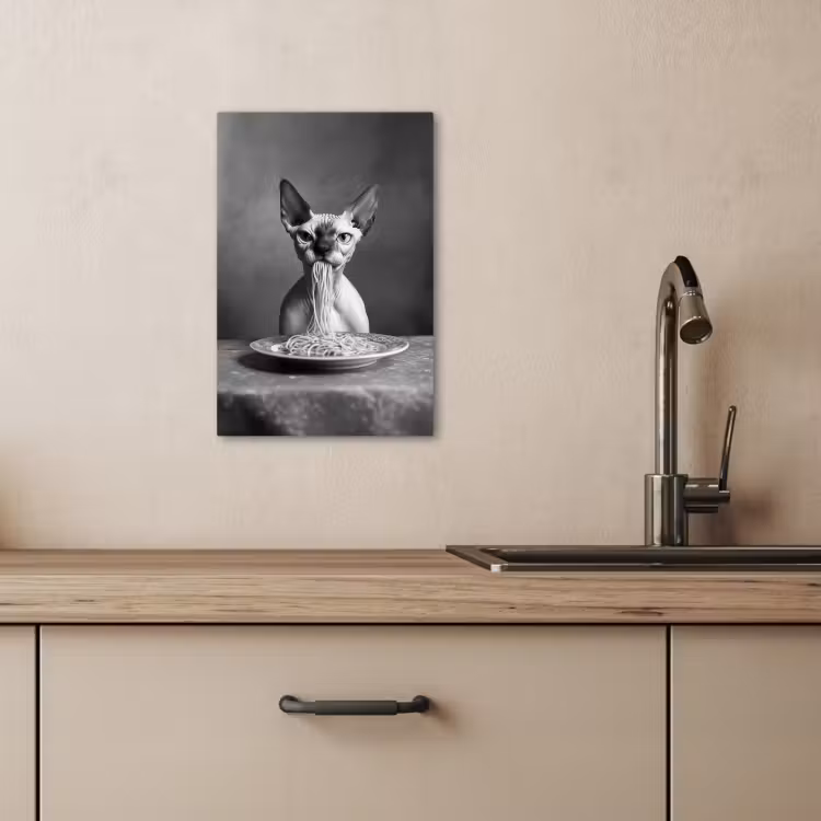 Leinwandbilder - Sphynx - Katze - Tiere - Humor - Spaghetti - Schwarz und Weiß — 4