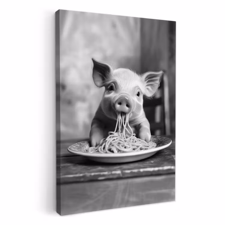 Leinwandbilder - Schwein - Niedlich - Spaghetti - Schwarz und weiß - Tier — 3