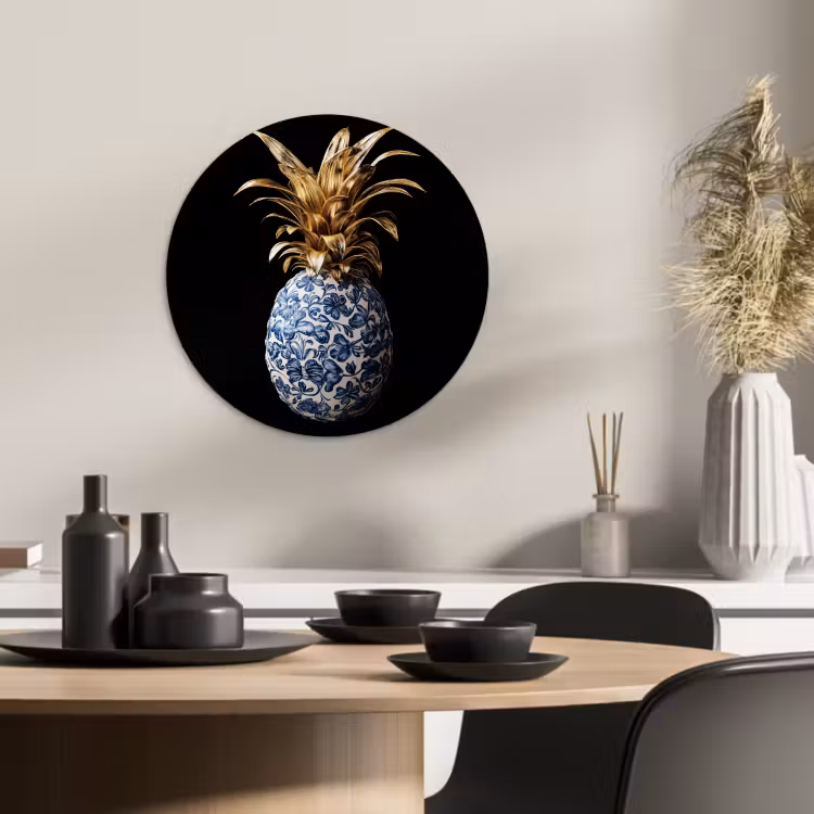Runde Bilder - Ananas - Blumenmuster - Gold - Delfter Keramik — 2