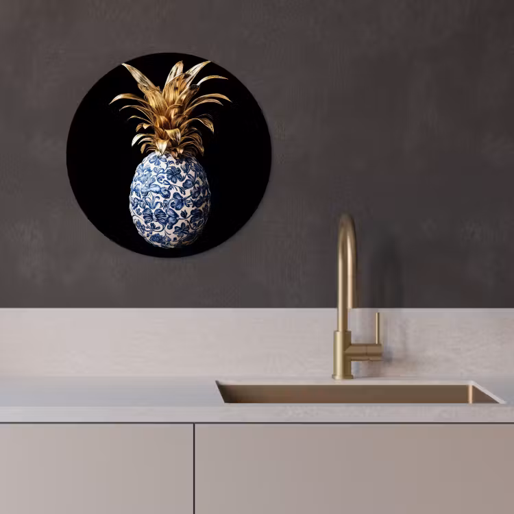 Runde Bilder - Ananas - Blumenmuster - Gold - Delfter Keramik — 3