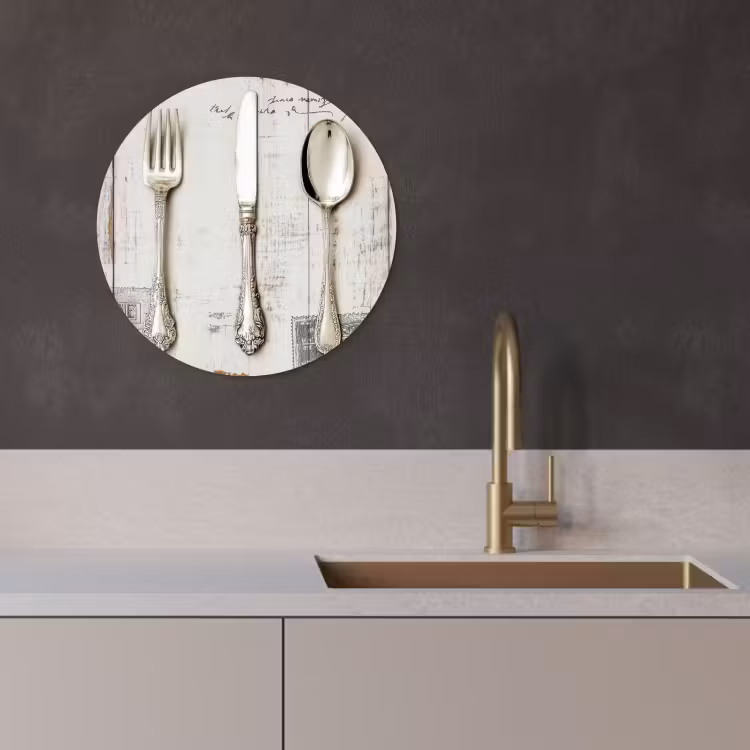 KitchenYeah - Küche - Forex Wandkreis - Silber - Besteck - Holz — 3