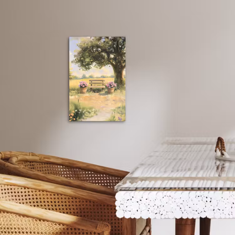 Leinwandbilder - Holzbank - Blumentöpfe - Landschaft — 3