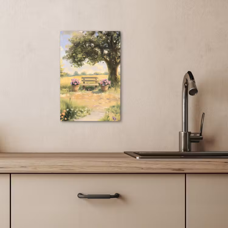 Leinwandbilder - Holzbank - Blumentöpfe - Landschaft — 5