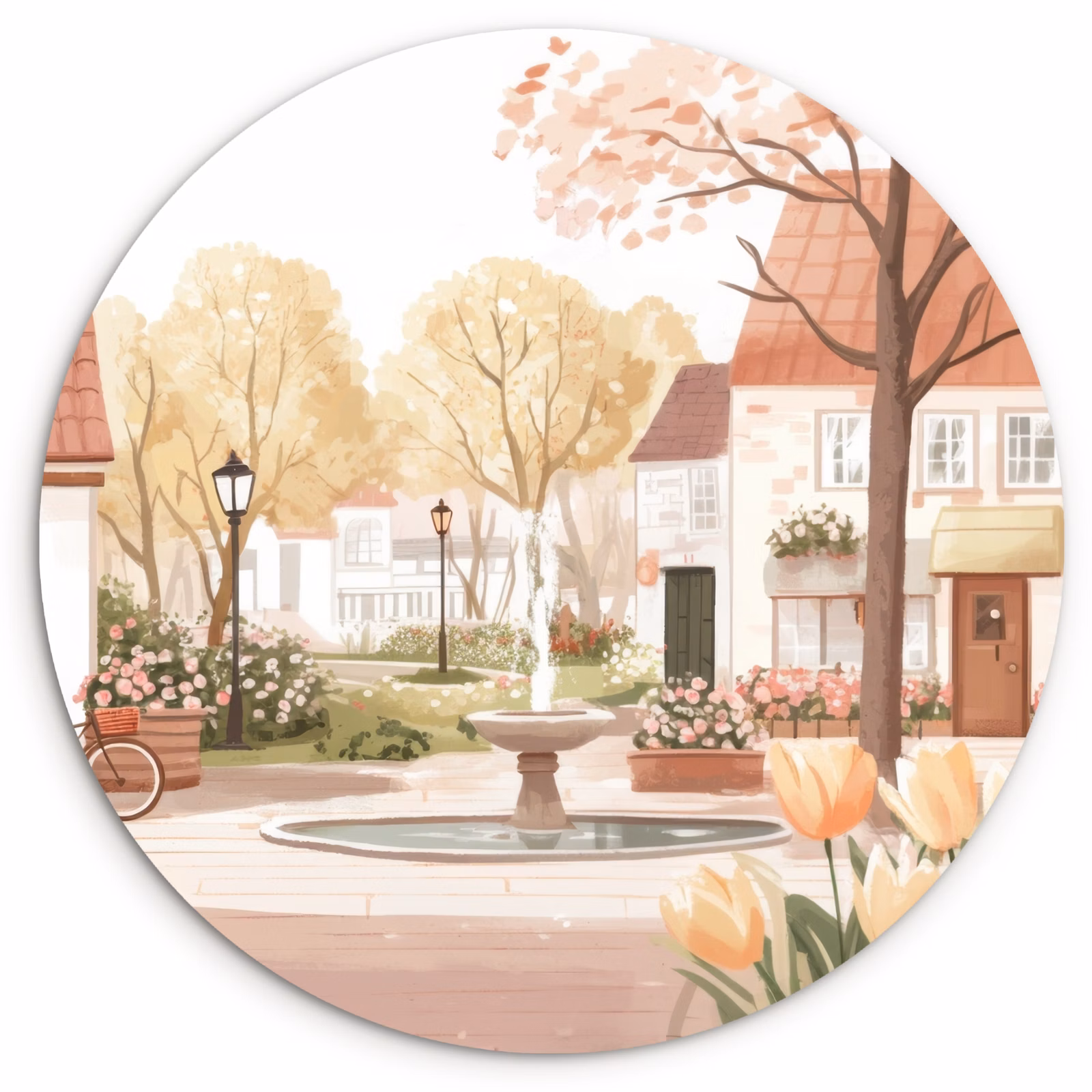 Runde Bilder - Dorfplatz - Springbrunnen - Tulpen — 1