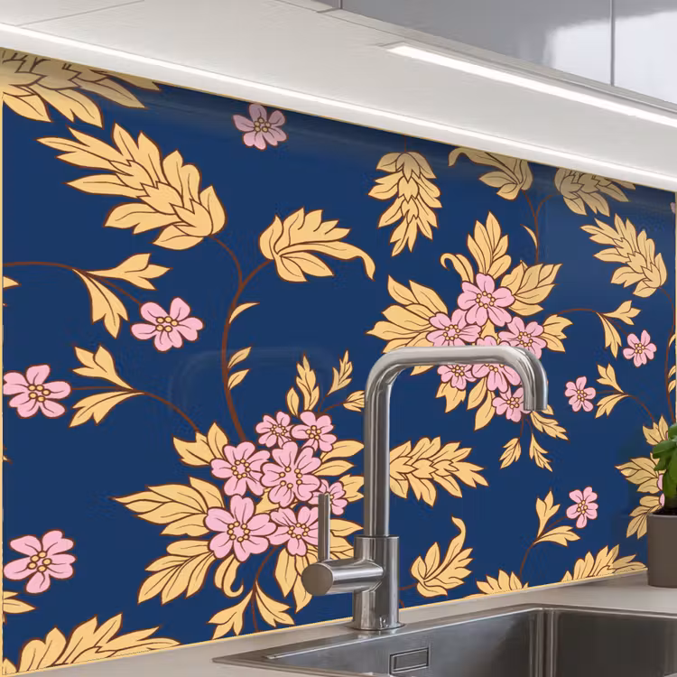 Küchenrückwand - Blüte - Blätter - Rosa - Gold - Muster — 1