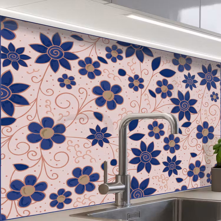 Küchenrückwand - Blumen - Blau - Japan - Muster — 1