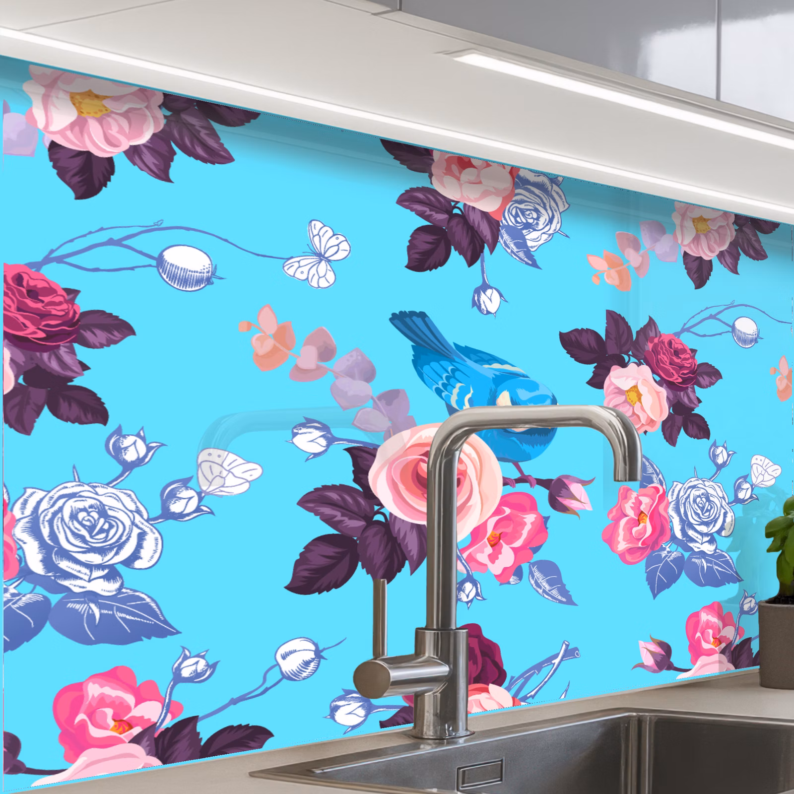 Küchenrückwand - Vogel - Blumen - Muster — 1