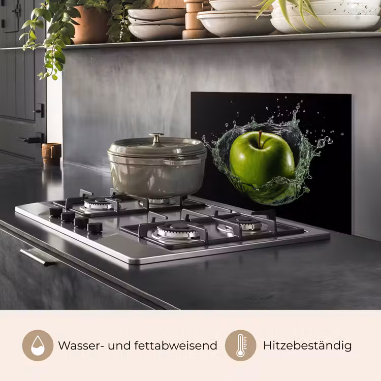 Spritzschutz Küche - Apfel - Grün - Obst - Wasser - Schwarz — 2