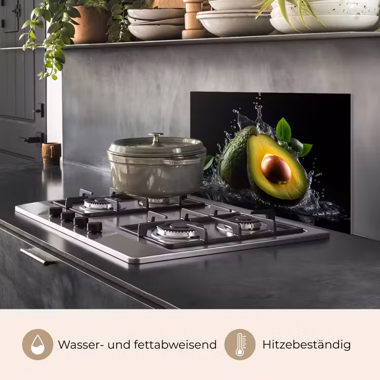 Spritzschutz Küche - Avocado - Gemüse - Blatt - Wasser - Schwarz - Grün — 2