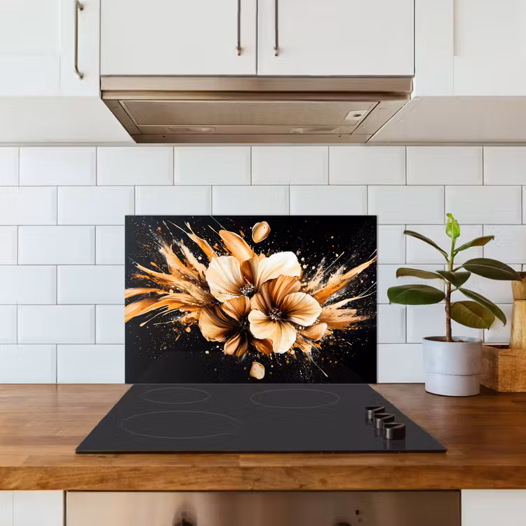 Spritzschutz Küche - Blumen - Gold - Graffiti - Schwarz - Abstrakt — 3