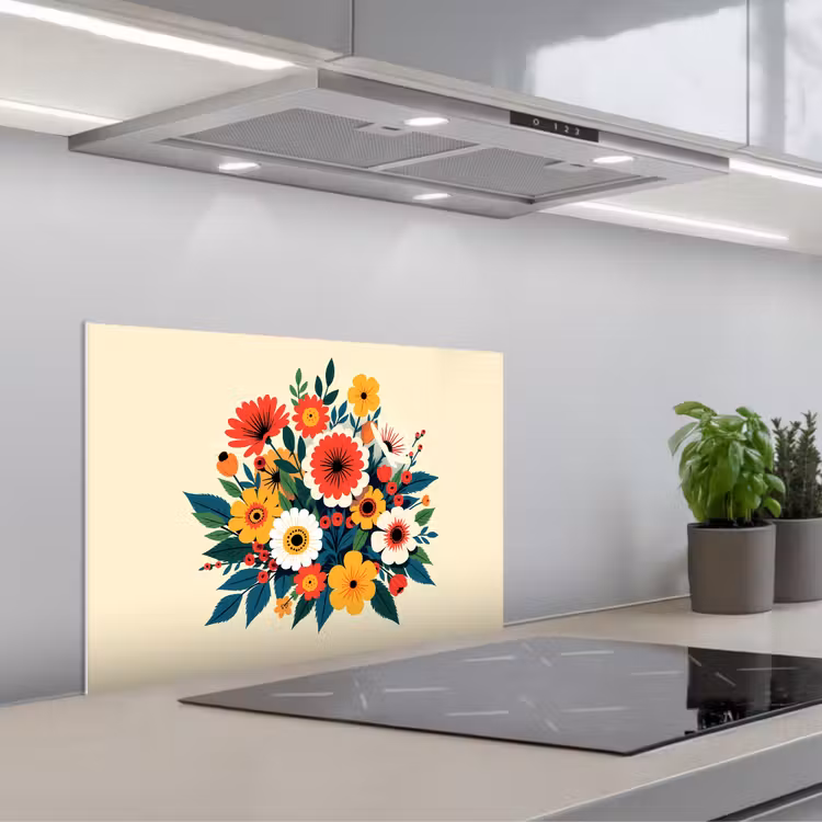 Spritzschutz Küche - Blumenstrauß - Blätter - Illustration - Farbenfroh — 1