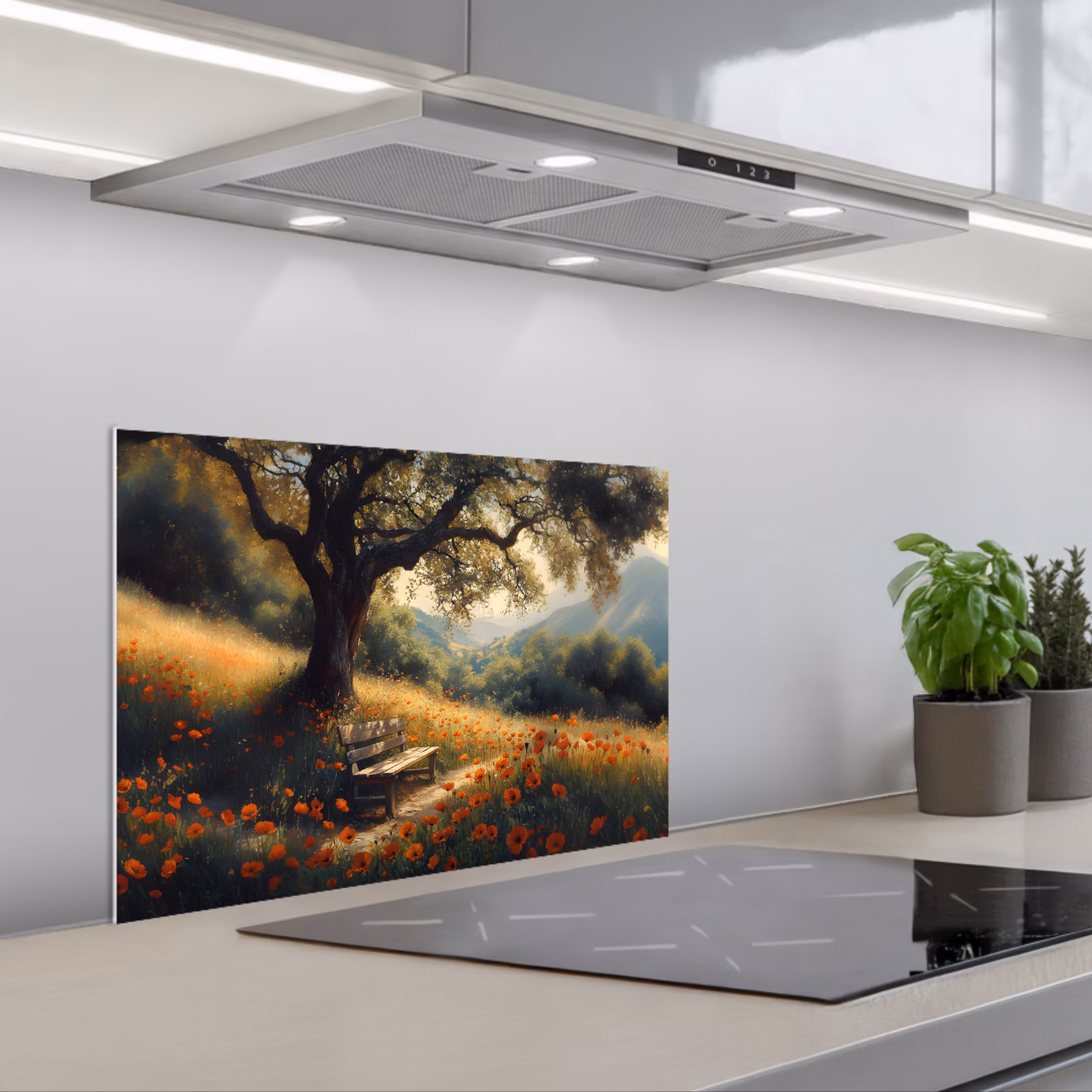 Spritzschutz Küche - Bank - Baum - Mohnblumen - Hügel — 1