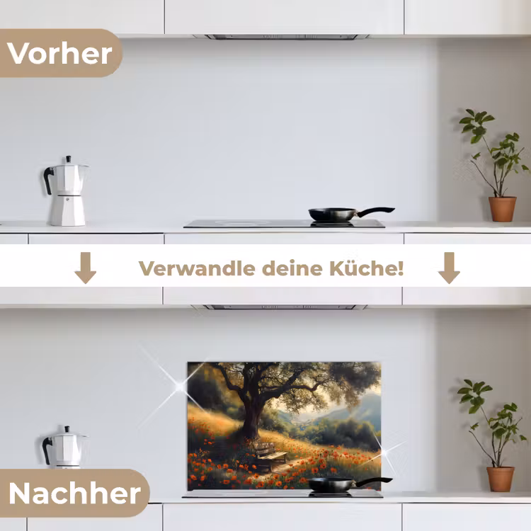 Spritzschutz Küche - Bank - Baum - Mohnblumen - Hügel — 7