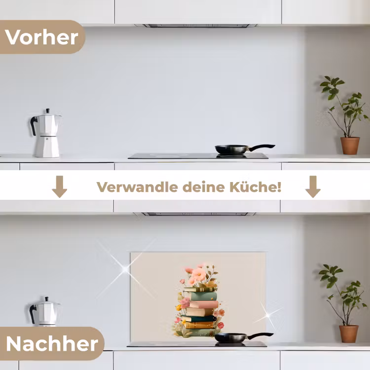 Spritzschutz Küche - Bücher - Stapel - Blumen - Farbenfroh — 7