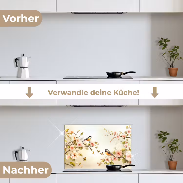 Spritzschutz Küche - Äste - Blumen - Vögel - Rosa — 7