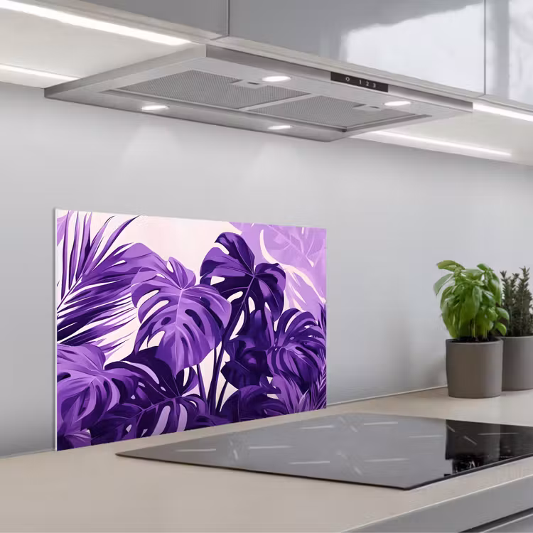 Spritzschutz Küche - Blätter - Lila - Tropisch - Abstrakt — 1