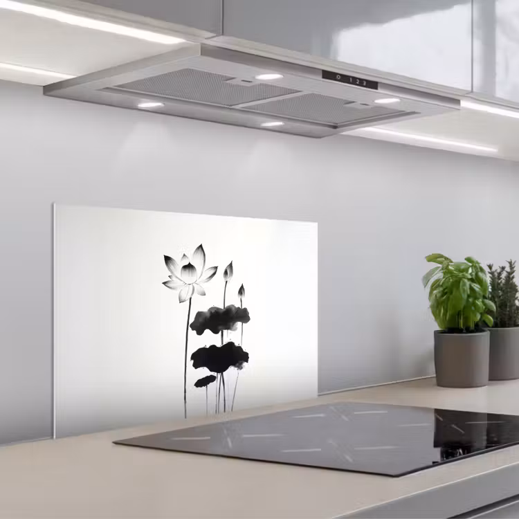 Spritzschutz Küche - Blätter - Schwarz - Lotusblume - Minimalistisch — 1
