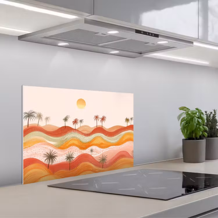 Spritzschutz Küche - Abstrakte Landschaft - Palmen - Farbenfroh — 1