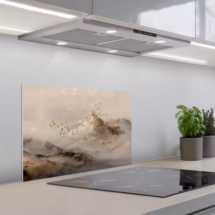 Spritzschutz Küche - Berglandschaft - Nebel - Pinselstriche — 1