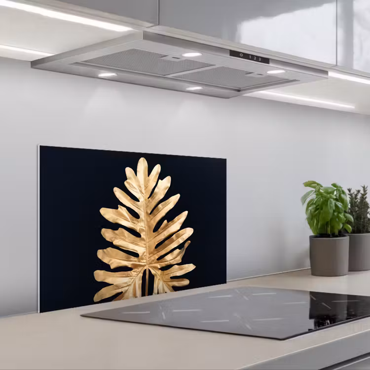 Spritzschutz Küche - Blätter - Herbst - Gold - Schwarz - Natur - Luxus — 1