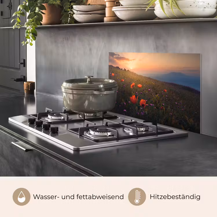 Spritzschutz Küche - Blumenfeld - Gras - Pflanzen - Sonnenuntergang - Orange — 2