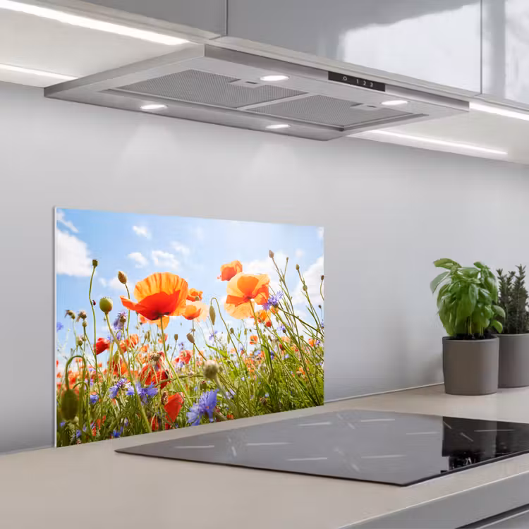 Spritzschutz Küche - Blumen - Mohn - Frühling - Natur - Rot - Blau — 1