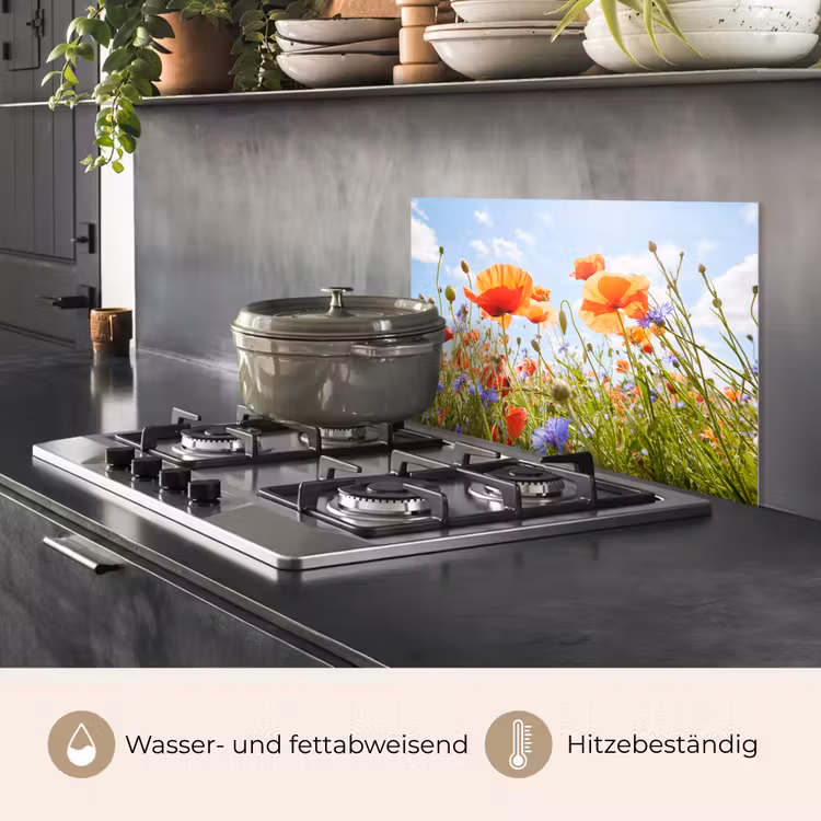 Spritzschutz Küche - Blumen - Mohn - Frühling - Natur - Rot - Blau — 2