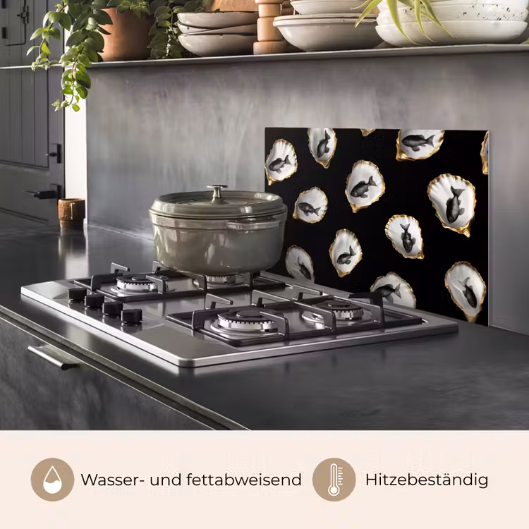 Spritzschutz Küche - Austern - Schwarz - Fisch - Gold — 2