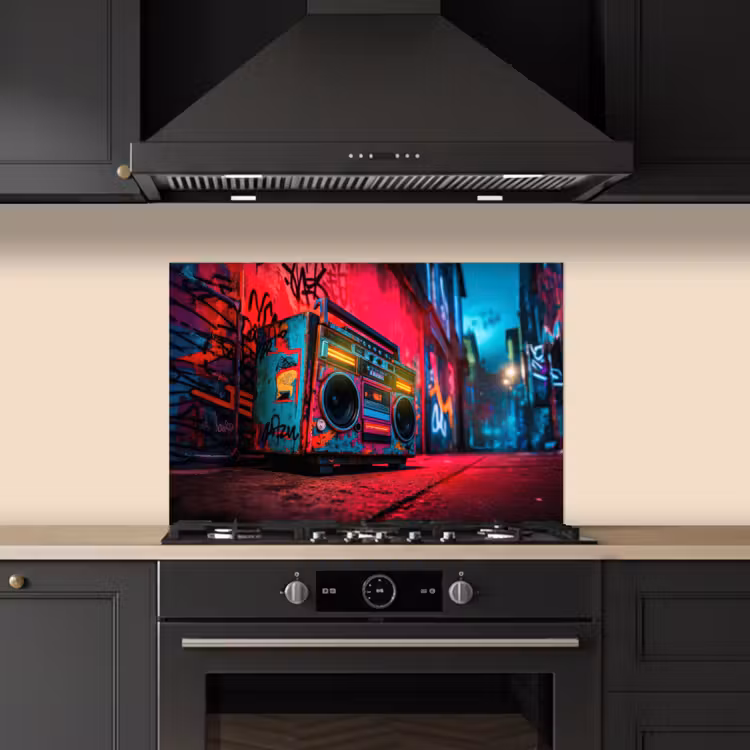 Spritzschutz Küche - Boombox - Rot - Graffiti - Neon — 5