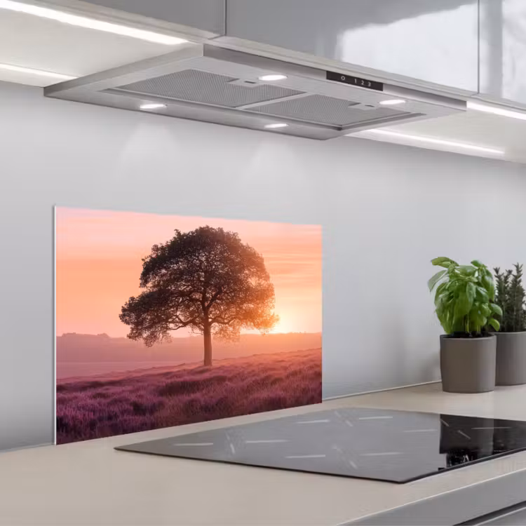 Spritzschutz Küche - Baum - Heidekraut - Sonnenaufgang — 1
