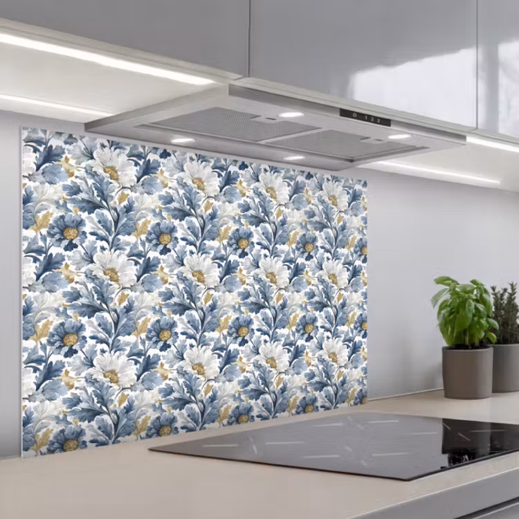 Spritzschutz Küche - Blumen - Weiß - Blau — 1