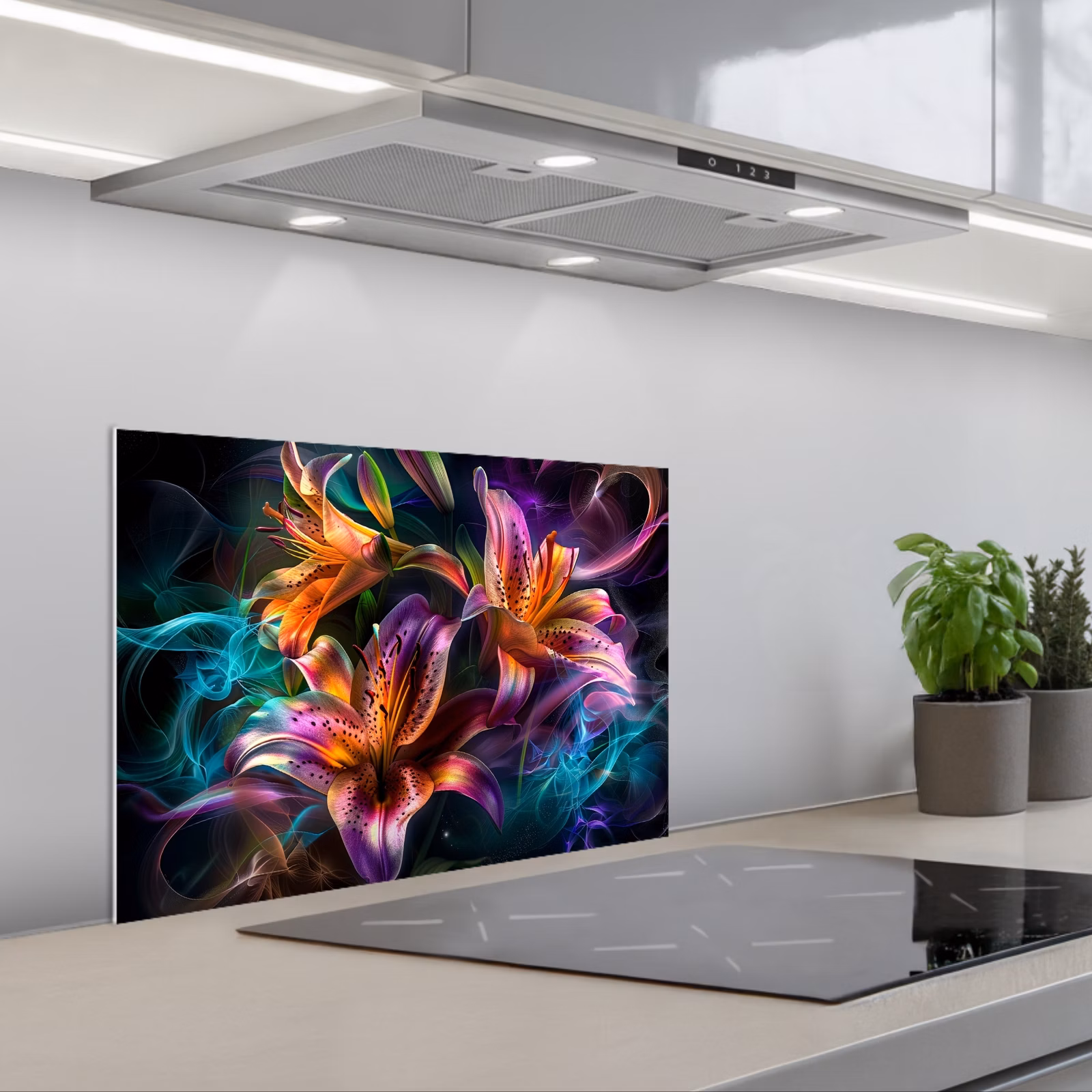 Spritzschutz Küche - Blumen - Bunt - Schwarz - Kunst — 1