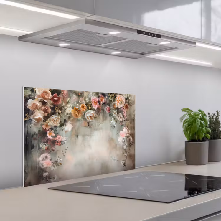 Spritzschutz Küche - Blumen - Beton - Rosen - Grau — 1