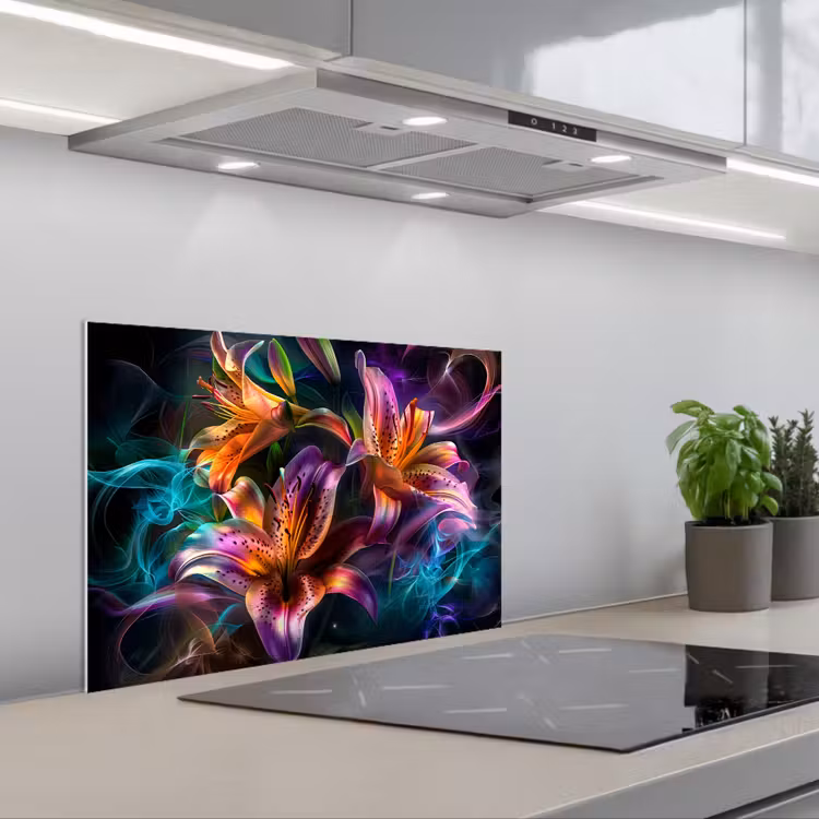 Spritzschutz Küche - Blumen - Bunt - Schwarz - Kunst — 1
