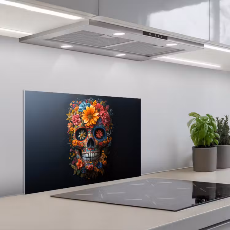 Spritzschutz Küche - Blumen - Bunt - Totenkopf — 1