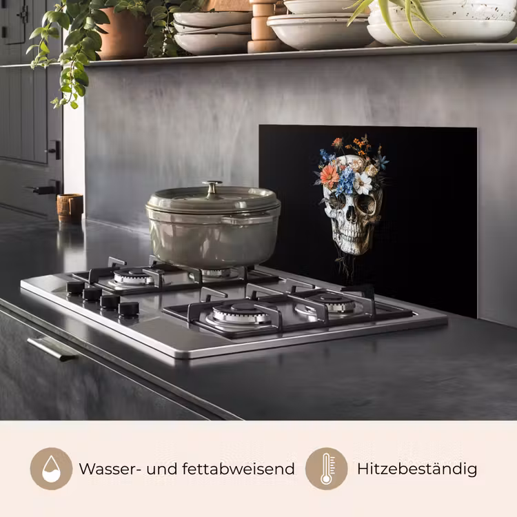 Spritzschutz Küche - Blumen - Totenkopf - Farbenfroh — 2
