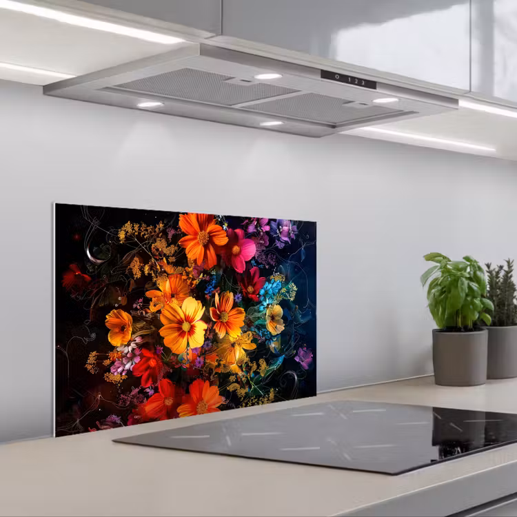 Spritzschutz Küche - Blumen - Bunt - Schwarz — 1
