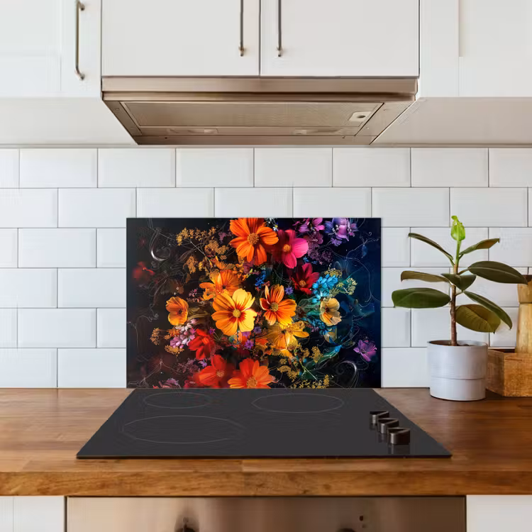 Spritzschutz Küche - Blumen - Bunt - Schwarz — 3